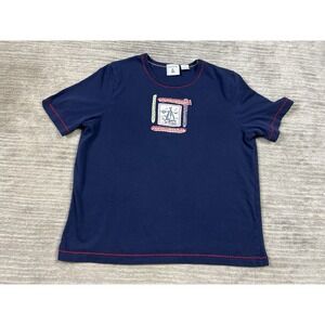 Sportelle Top Womens Large Blue Short Sleeve Embroidered Sailboat Cotton Blend